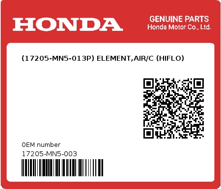 Product image: Honda - 17205-MN5-003 - (17205-MN5-013P) ELEMENT,AIR/C (HIFLO)  0