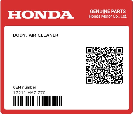 Product image: Honda - 17211-HA7-770 - BODY, AIR CLEANER  0
