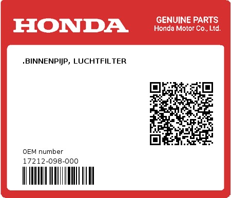Product image: Honda - 17212-098-000 - .BINNENPIJP, LUCHTFILTER  0