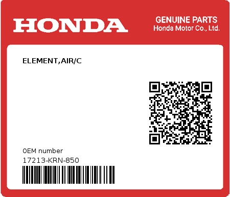 Product image: Honda - 17213-KRN-850 - ELEMENT,AIR/C  0