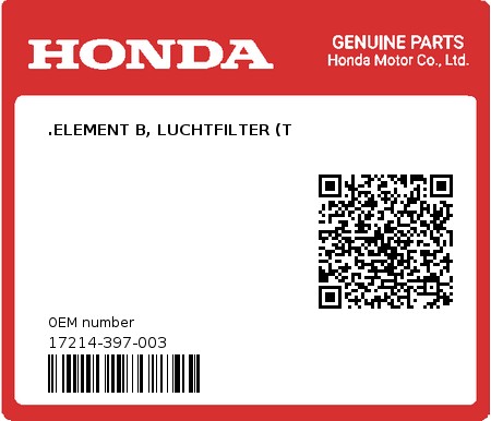Product image: Honda - 17214-397-003 - .ELEMENT B, LUCHTFILTER (T  0