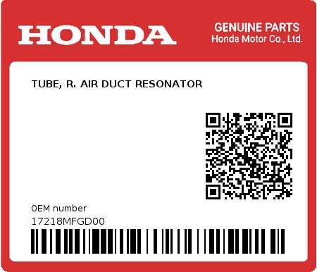 Product image: Honda - 17218MFGD00 - TUBE, R. AIR DUCT RESONATOR  0