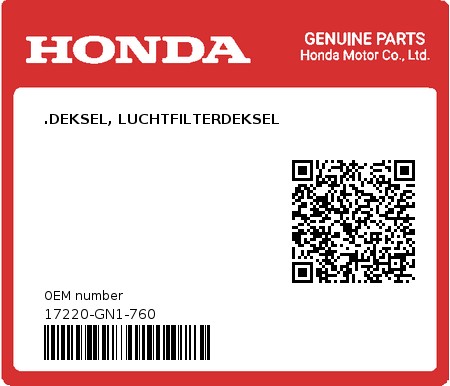 Product image: Honda - 17220-GN1-760 - .DEKSEL, LUCHTFILTERDEKSEL  0