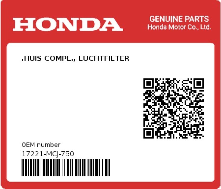 Product image: Honda - 17221-MCJ-750 - .HUIS COMPL., LUCHTFILTER  0
