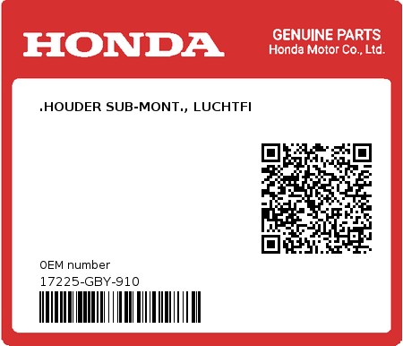 Product image: Honda - 17225-GBY-910 - .HOUDER SUB-MONT., LUCHTFI  0