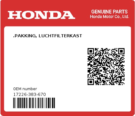 Product image: Honda - 17226-383-670 - .PAKKING, LUCHTFILTERKAST  0