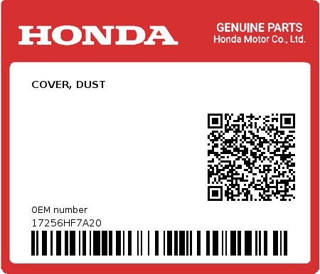 Product image: Honda - 17256HF7A20 - COVER, DUST  0