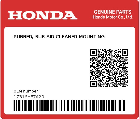 Product image: Honda - 17316HF7A20 - RUBBER, SUB AIR CLEANER MOUNTING  0