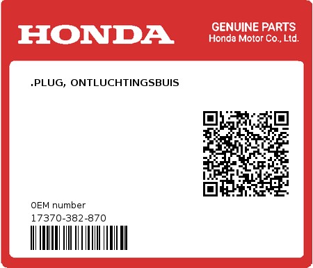 Product image: Honda - 17370-382-870 - .PLUG, ONTLUCHTINGSBUIS  0