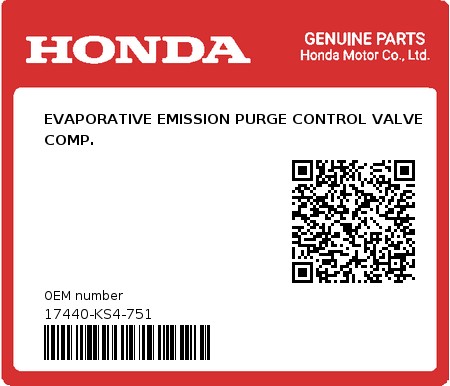 Product image: Honda - 17440-KS4-751 - EVAPORATIVE EMISSION PURGE CONTROL VALVE COMP.  0