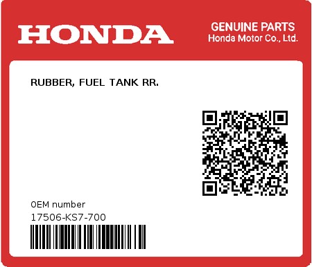 Product image: Honda - 17506-KS7-700 - RUBBER, FUEL TANK RR.  0