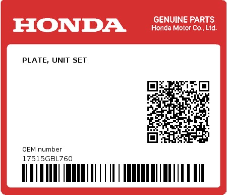 Product image: Honda - 17515GBL760 - PLATE, UNIT SET  0