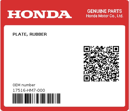 Product image: Honda - 17516-HM7-000 - PLATE, RUBBER  0