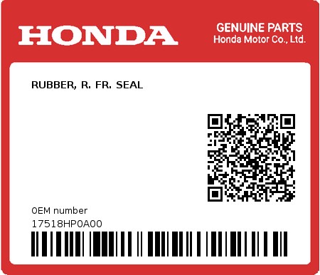 Product image: Honda - 17518HP0A00 - RUBBER, R. FR. SEAL  0