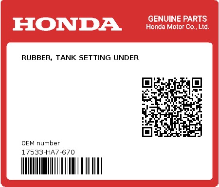 Product image: Honda - 17533-HA7-670 - RUBBER, TANK SETTING UNDER  0