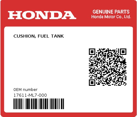 Product image: Honda - 17611-ML7-000 - CUSHION, FUEL TANK  0