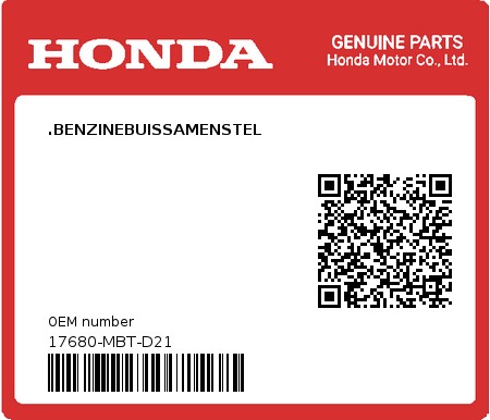 Product image: Honda - 17680-MBT-D21 - .BENZINEBUISSAMENSTEL  0