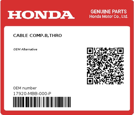 Product image: Honda - 17920-MBB-000-P - CABLE COMP.B,THRO  0