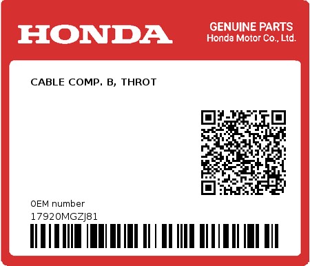 Product image: Honda - 17920MGZJ81 - CABLE COMP. B, THROT  0