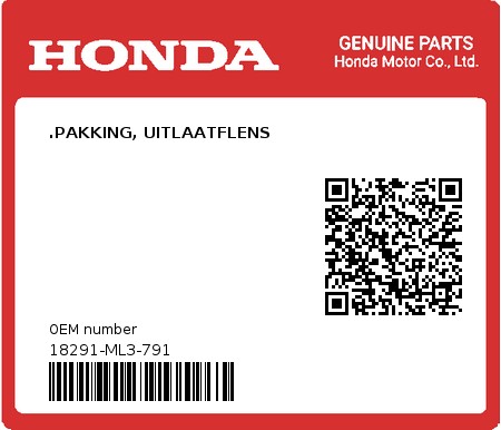 Product image: Honda - 18291-ML3-791 - .PAKKING, UITLAATFLENS  0