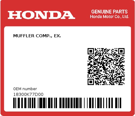 Product image: Honda - 18300K77D00 - MUFFLER COMP., EX.  0