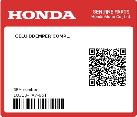 Product image: Honda - 18310-HA7-651 - .GELUIDDEMPER COMPL.  0