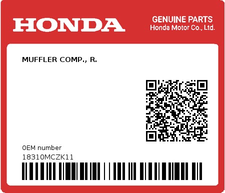 Product image: Honda - 18310MCZK11 - MUFFLER COMP., R.  0