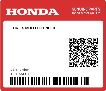 Product image: Honda - 18316MR1690 - COVER, MUFFLER UNDER  0