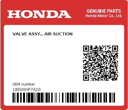 Product image: Honda - 18600HF7A20 - VALVE ASSY., AIR SUCTION  0