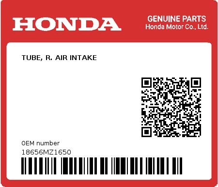 Product image: Honda - 18656MZ1650 - TUBE, R. AIR INTAKE  0