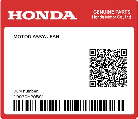 Product image: Honda - 19030HP0B01 - MOTOR ASSY., FAN  0