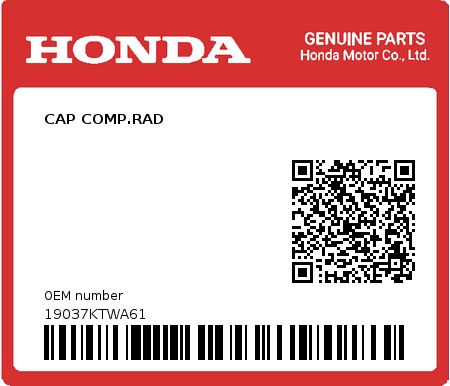 Product image: Honda - 19037KTWA61 - CAP COMP.RAD  0