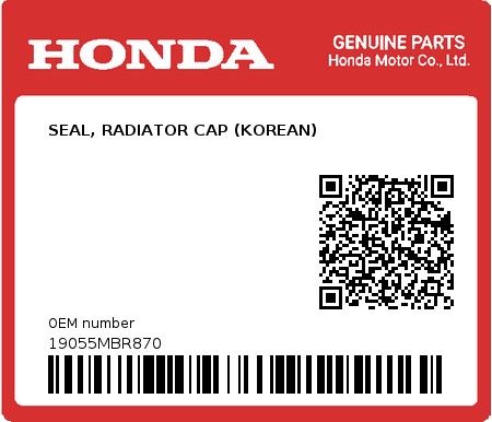 Product image: Honda - 19055MBR870 - SEAL, RADIATOR CAP (KOREAN)  0