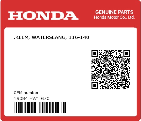 Product image: Honda - 19084-HW1-670 - .KLEM, WATERSLANG, 116-140  0
