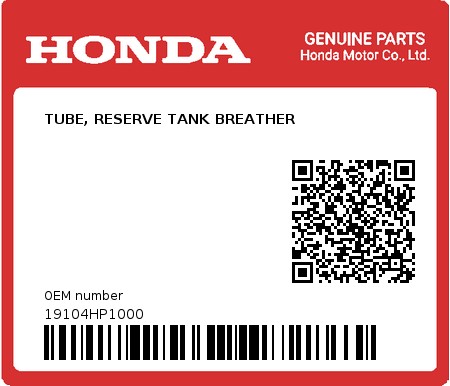 Product image: Honda - 19104HP1000 - TUBE, RESERVE TANK BREATHER  0