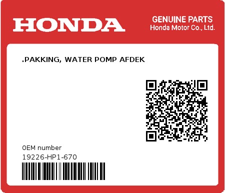 Product image: Honda - 19226-HP1-670 - .PAKKING, WATER POMP AFDEK  0