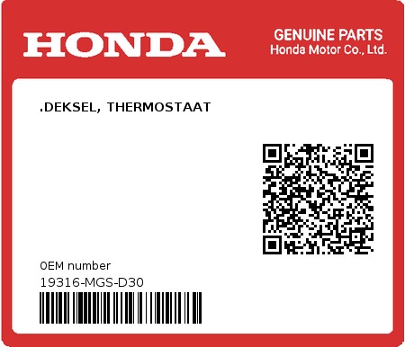 Product image: Honda - 19316-MGS-D30 - .DEKSEL, THERMOSTAAT  0