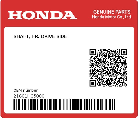 Product image: Honda - 21601HC5000 - SHAFT, FR. DRIVE SIDE  0