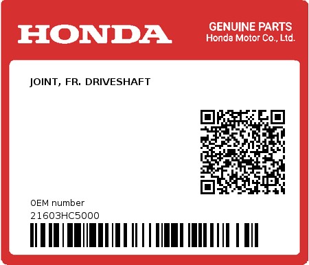 Product image: Honda - 21603HC5000 - JOINT, FR. DRIVESHAFT  0