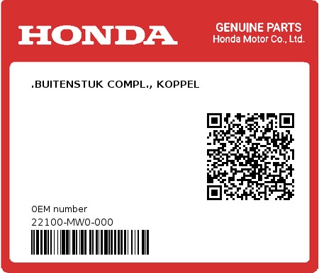 Product image: Honda - 22100-MW0-000 - .BUITENSTUK COMPL., KOPPEL  0