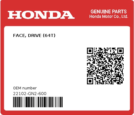 Product image: Honda - 22102-GN2-600 - FACE, DRIVE (64T)  0