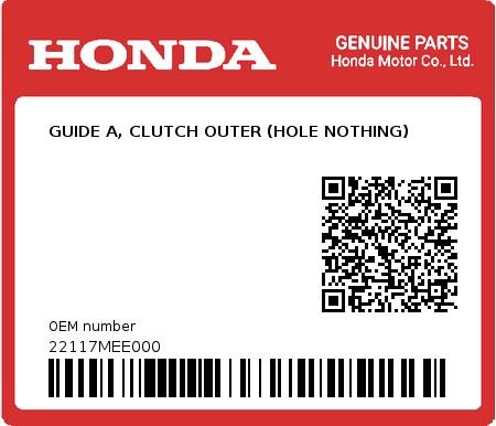 Product image: Honda - 22117MEE000 - GUIDE A, CLUTCH OUTER (HOLE NOTHING)  0