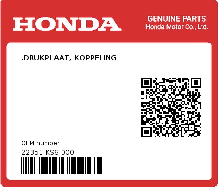 Product image: Honda - 22351-KS6-000 - .DRUKPLAAT, KOPPELING  0
