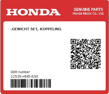 Product image: Honda - 22535-HM5-630 - .GEWICHT SET, KOPPELING  0