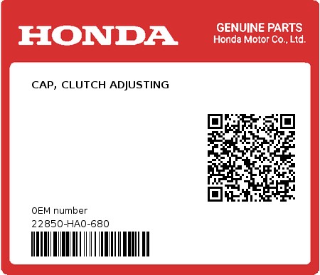Product image: Honda - 22850-HA0-680 - CAP, CLUTCH ADJUSTING  0