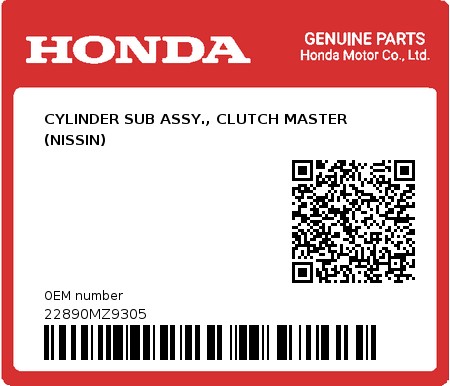 Product image: Honda - 22890MZ9305 - CYLINDER SUB ASSY., CLUTCH MASTER (NISSIN)  0