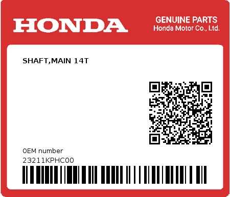 Product image: Honda - 23211KPHC00 - SHAFT,MAIN 14T  0