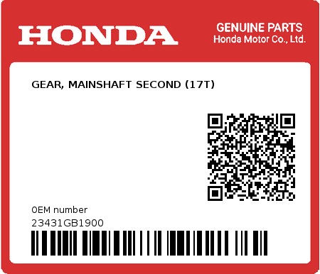 Product image: Honda - 23431GB1900 - GEAR, MAINSHAFT SECOND (17T)  0