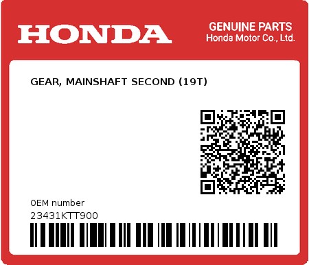 Product image: Honda - 23431KTT900 - GEAR, MAINSHAFT SECOND (19T)  0