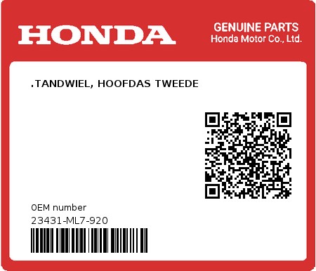 Product image: Honda - 23431-ML7-920 - .TANDWIEL, HOOFDAS TWEEDE  0
